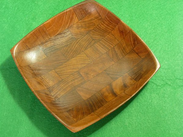 Vintage small shallow endgrain wood bowl, made in Hong Kong